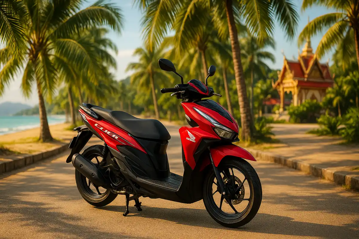 Honda Click motorbike parked on a Phuket street next to palm trees