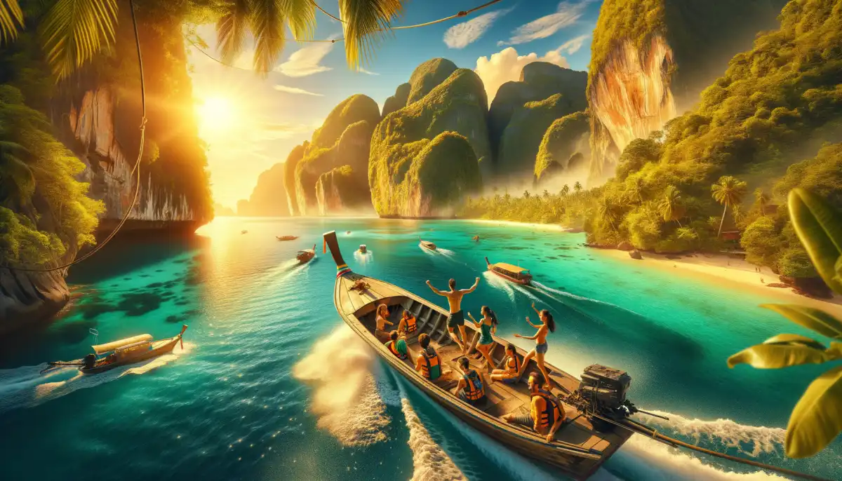 Phi Phi Islands: turquoise water, cliffs, speedboat and Maya Bay beach