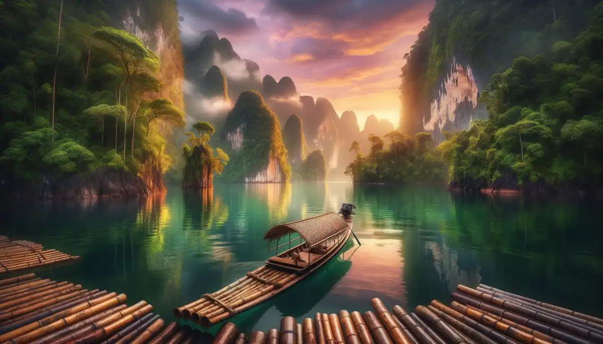 Floating bungalows on Cheow Lan Lake in Khao Sok National Park -- limestone cliffs and tropical forest