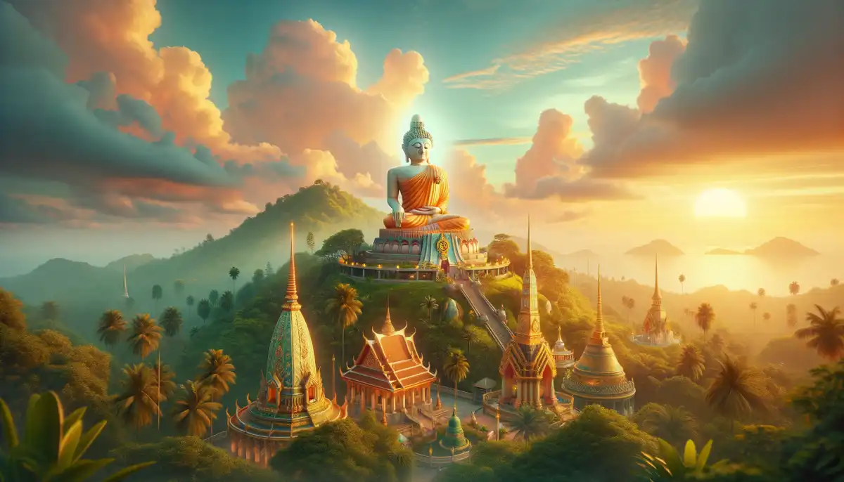 Phuket temples: golden stupas of Wat Chalong and Big Buddha statue against tropical greenery