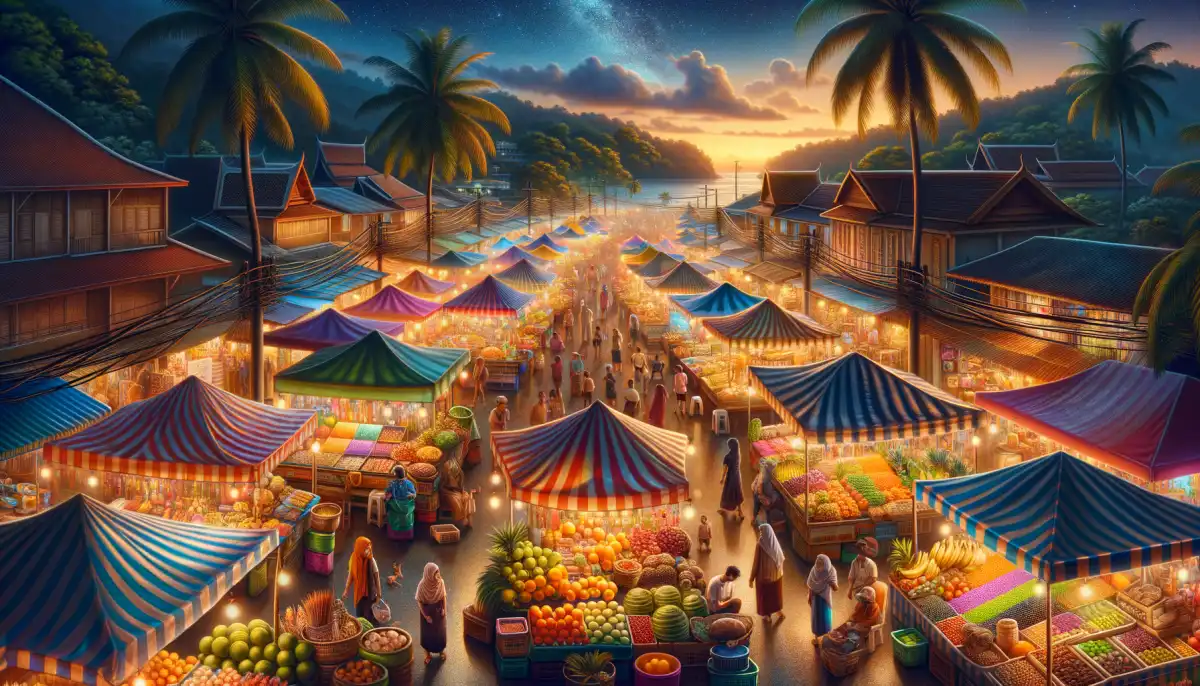 Night market in Phuket: rows of food stalls, lanterns, and crowds of visitors