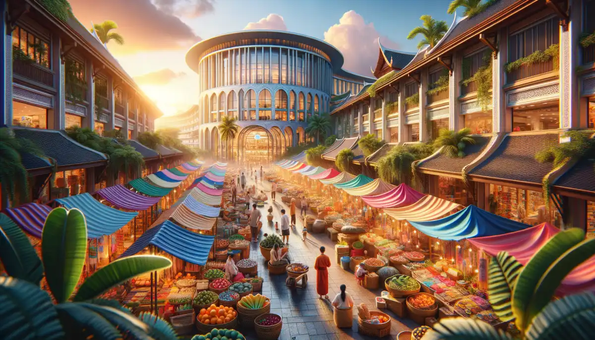 Shopping in Phuket: night market with colorful stalls and Central Phuket mall