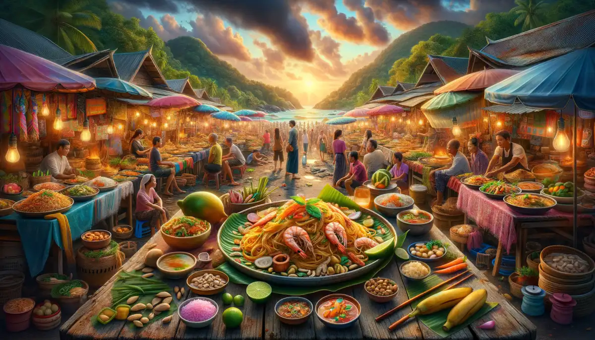 Variety of Thai dishes on a table: Tom Yum, Pad Thai, curry, and seafood